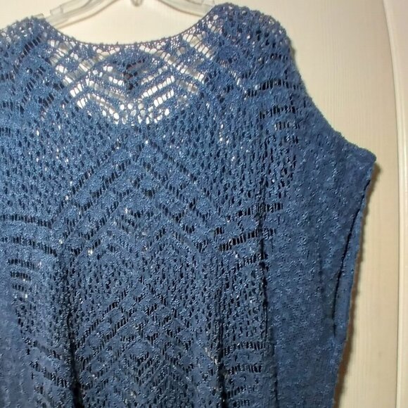 Poncho Style Crochet Sweater with Fringe Detail- Color: Denim Blue Size: XL - Picture 7 of 11